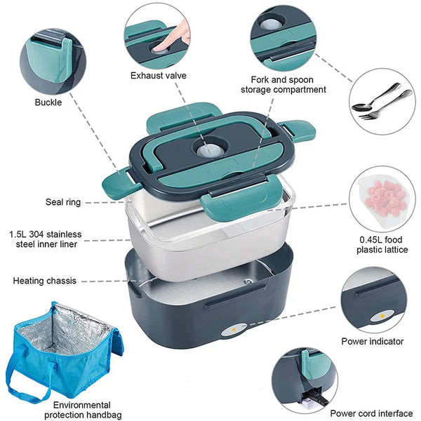 2 in 1 Car Home 12V 24V 110V 220V Electric Lunch Box Portable Picnic School Food Heating Warmer Container Stainless Steel Set VELNIX