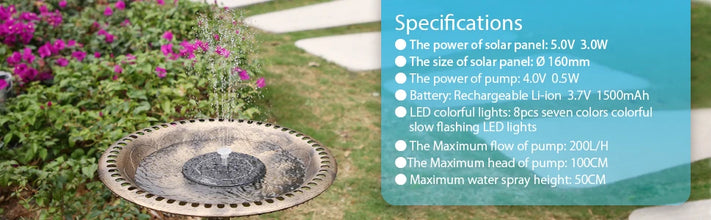 1.5W Solar Fountain Pump, with 6 nozzles Solar Bird Bath Fountain, Water Pump Floating Fountains Suitable for Ponds VELNIX