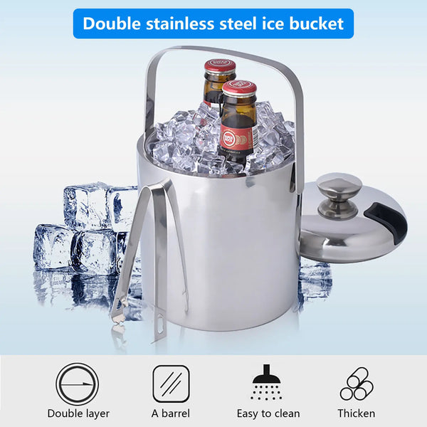 Stainless Steel Ice Cube Glue Ice Bucket Ice Cube Container with Lid and Pliers 1300ML Double Wall Insulated Silver VELNIX