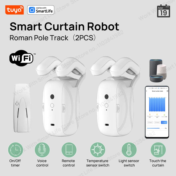 1/2PCS Tuya Smart Wifi Curtain Robot (with gateway), Roman Rod Track, APP Remote Control,Voice Control，Single/Double Opening VELNIX