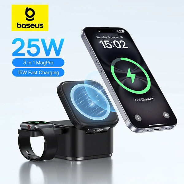 Baseus 3 in 1 25W Magnetic Wireless Charger Stand 15W Fast Wireless Charging Desktop Dock Station For iPhone16 15 14 13 Airpod VELNIX