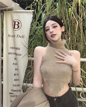 Sexy Tanks Women Knitted Hot Chic Backless Turtleneck Short Sleeveless Off Shoulder Popular Streetwear Corrugated Edge Female VELNIX