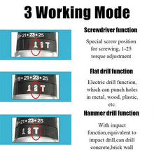 25+3 Torque Impact Drill Electric Screwdriver Cordless Electric Hammer Drill Driver 2 Gear Speed Lithium-Ion Battery Power Tools VELNIX