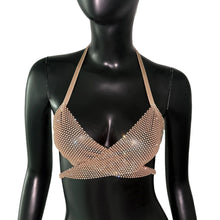 Sexy Backless Bandage V Neck Halter Neck Elastic Fishnet Crop Tops Festival Party Camisole Women Autumn Mesh Rhinestone Tank Top VELNIX