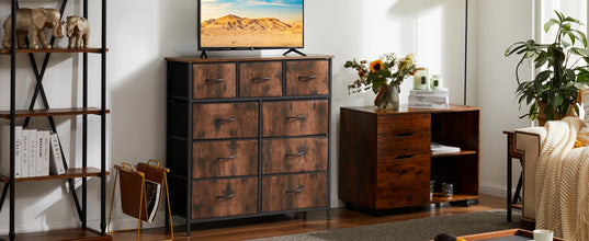 JHK Dresser For Bedroom With 9 Fabric Storage Drawer Wardrobe Tall Chest Organizer Closet Adult Kids Clothes Cabinet Furniture VELNIX