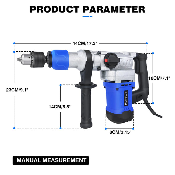 DayPlus 1500W SDS-Plus Rotary Hammer Drill,Corded Drills, Heavy Duty Chipping Hammers w/ Vibration Control& Safety Clutch & Case VELNIX
