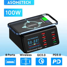 100W 8 Ports USB Charger Station With Wireless Charging Digital Display Screen QC3.0 PD3.0 Quick Charge For iPhone 14 13 Xiaomi VELNIX