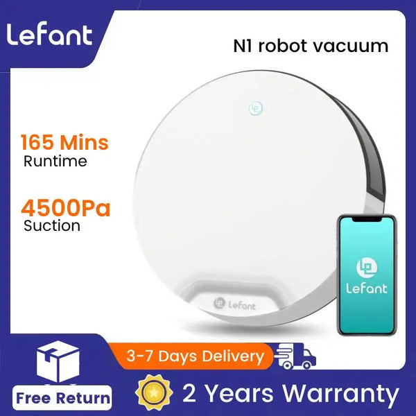 Lefant N1 Robot Vacuum Cleaner, Suction Power 4500PA, 4 Cleaning Modes, App Control, Up to 165 Minutes Autonomy VELNIX
