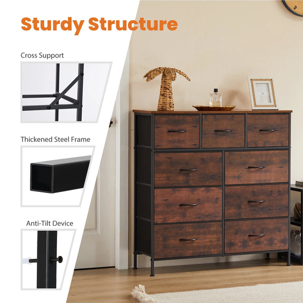 JHK Dresser For Bedroom With 9 Fabric Storage Drawer Wardrobe Tall Chest Organizer Closet Adult Kids Clothes Cabinet Furniture VELNIX