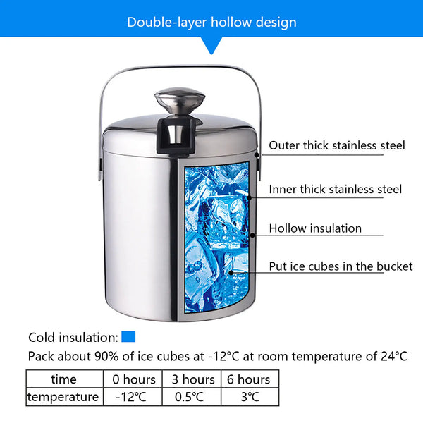 Stainless Steel Ice Cube Glue Ice Bucket Ice Cube Container with Lid and Pliers 1300ML Double Wall Insulated Silver VELNIX