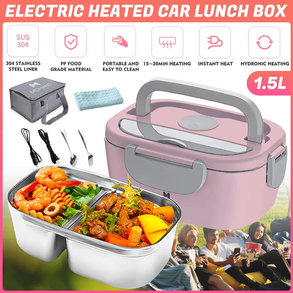 1.5L 65W Electric Lunch Box Food Warmer Portable Food Heater for Car Or Home - Leak Proof 304 Stainless Steel Liner with Cloth VELNIX