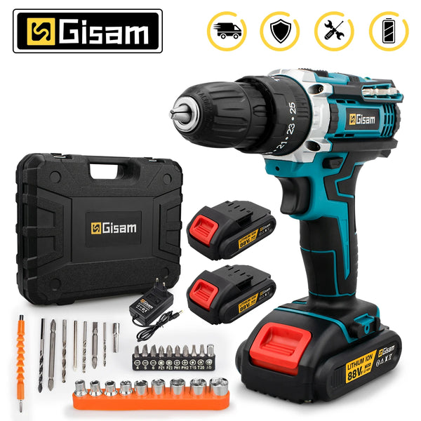 25+3 Torque Impact Drill Electric Screwdriver Cordless Electric Hammer Drill Driver 2 Gear Speed Lithium-Ion Battery Power Tools VELNIX