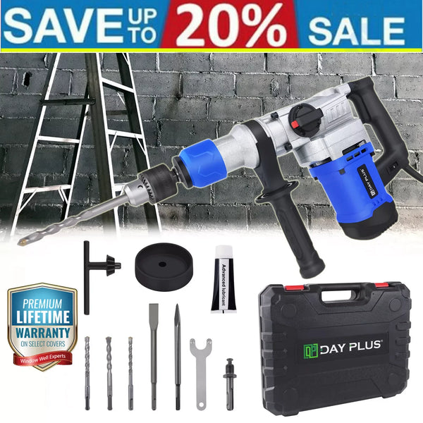 DayPlus 1500W SDS-Plus Rotary Hammer Drill,Corded Drills, Heavy Duty Chipping Hammers w/ Vibration Control& Safety Clutch & Case VELNIX
