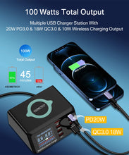 100W 8 Ports USB Charger Station With Wireless Charging Digital Display Screen QC3.0 PD3.0 Quick Charge For iPhone 14 13 Xiaomi VELNIX