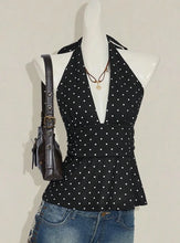 2026 new Y2K French retro polka dot hanging neck and waist ruffle edge top, deep V backless sleeveless vest, versatile for daily VELNIX