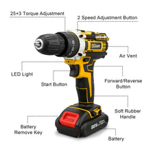 25+3 Torque Impact Drill Electric Screwdriver Cordless Electric Hammer Drill Driver 2 Gear Speed Lithium-Ion Battery Power Tools VELNIX