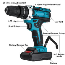 25+3 Torque Impact Drill Electric Screwdriver Cordless Electric Hammer Drill Driver 2 Gear Speed Lithium-Ion Battery Power Tools VELNIX