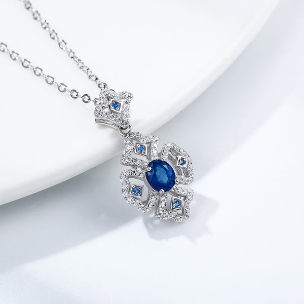 S925 Silver Retro Pattern Necklace Women's Versatile Natural Sapphire Pendant VELNIX